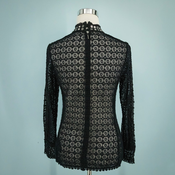 Rebecca Taylor Size 0 Black Floral Lace Studded Mock Neck Long Sleeve Top Blouse - Picture 3 of 6